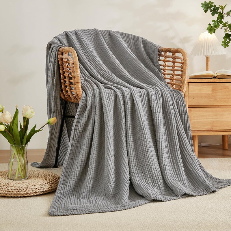 EMME Cotton Muslin King Blanket Big Oversized Bed Layering Bedspread Coverlet Breathable Gauze Soft Lightweight Blankets (Grey, 120"x94") - Image 4