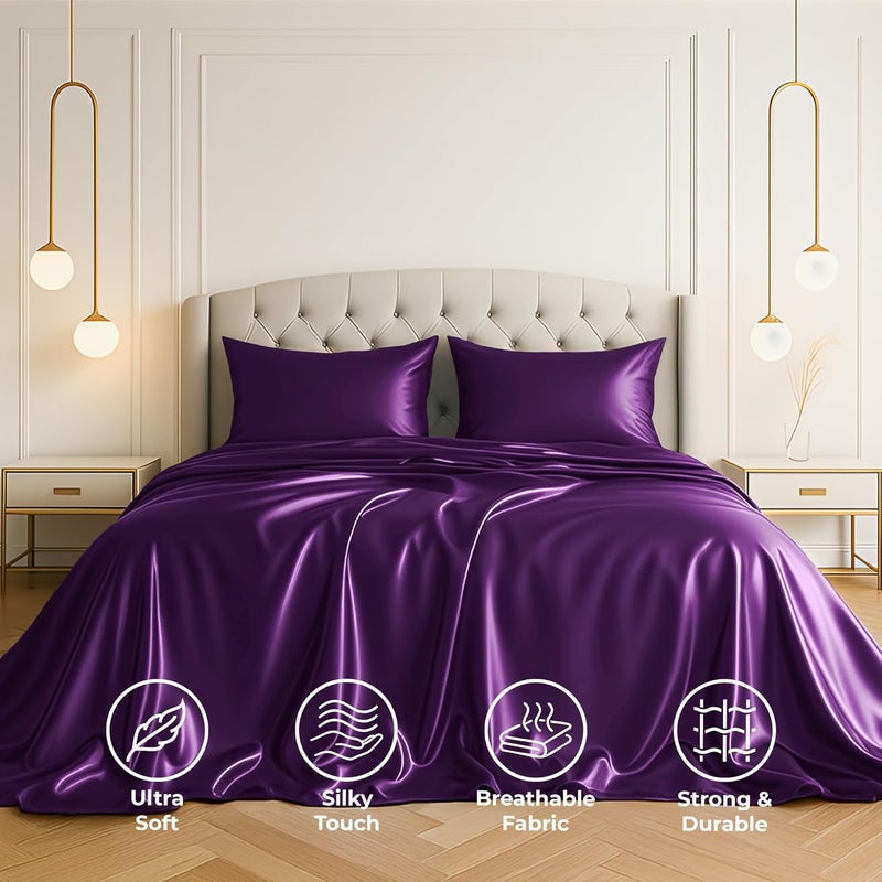Pure Bedding Satin Sheets Queen [4-Piece, Purple] Hotel Luxury Silky Bed Sheets - Extra Soft 1800 Microfiber Sheet Set, Wrinkle, Fade, Stain Resistant - Deep Pocket Fitted Sheet, Flat Sheet, Pillow Cases - Image 2