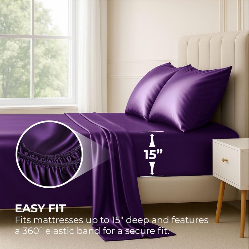 Pure Bedding Satin Sheets Queen [4-Piece, Purple] Hotel Luxury Silky Bed Sheets - Extra Soft 1800 Microfiber Sheet Set, Wrinkle, Fade, Stain Resistant - Deep Pocket Fitted Sheet, Flat Sheet, Pillow Cases - Image 3