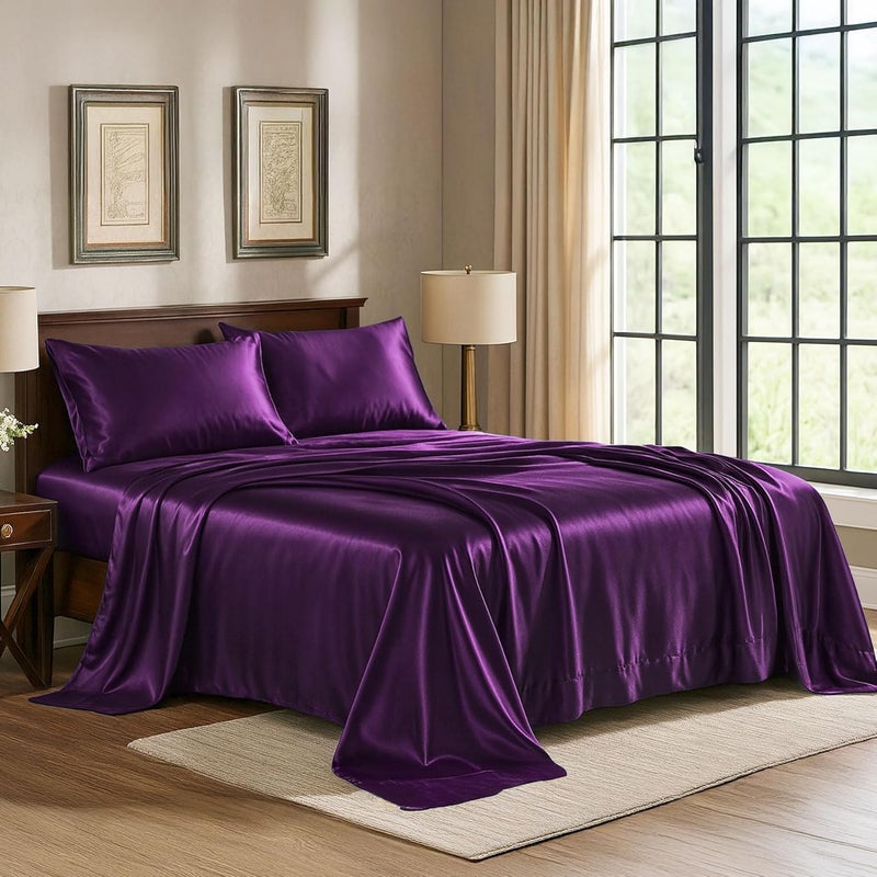 Pure Bedding Satin Sheets Queen [4-Piece, Purple] Hotel Luxury Silky Bed Sheets - Extra Soft 1800 Microfiber Sheet Set, Wrinkle, Fade, Stain Resistant - Deep Pocket Fitted Sheet, Flat Sheet, Pillow Cases - Image 1