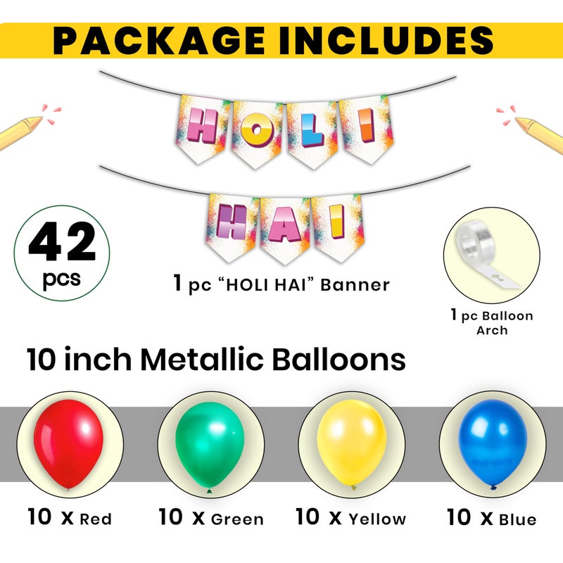 1iAM Happy Holi Decoration Combo Pack of 42 - 1pc "HOLI HAI" Banner, 40pcs Balloons & 1pc Arch | 14th March Decoration Items for Home, Office, Club, School, Collages, Restaurant, Apartment, Society - Image 2