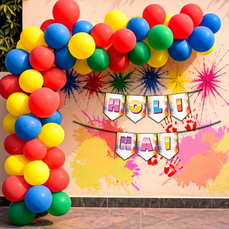 1iAM Happy Holi Decoration Combo Pack of 42 - 1pc "HOLI HAI" Banner, 40pcs Balloons & 1pc Arch | 14th March Decoration Items for Home, Office, Club, School, Collages, Restaurant, Apartment, Society - Image 1