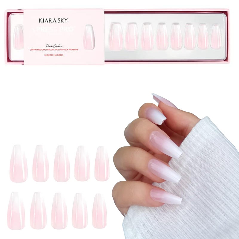Kiara Sky Press On Nails  XPRESS PRO 100 Acrylic Nails  30Piece Kit Includes Nail Glue Cuticle Pusher File  Prep Pad  Medium Coffin  Pink Ombre