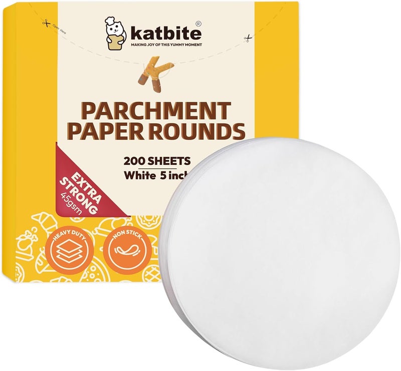 katbite 200Pcs 5 Inch Parchment Paper Rounds, Extra Strong Heavy Duty & Non-stick for Patty Separating, Freezing, Springform Cake Tin, Toaster Oven, Tortilla Press - Image 1