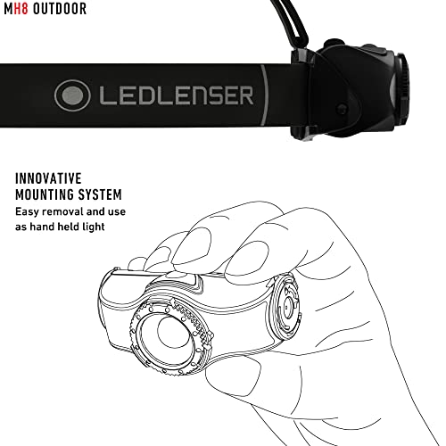 LEDLENSER مصباح رأس LEDLENSER MH8 خفيف الوزن قابل لإعادة الشحن مع حزام رأس قابل للإزالة، LED عالي القوة، 600 لومن، ضوء بدون استخدام اليدين في الهواء الطلق، التخييم، المشي، الصيد، أسود - Image 5