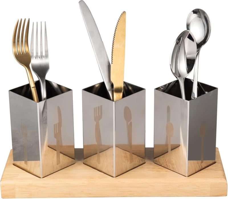 Utensil Holder Set 3pcs Stainless Steel Cutlery Organizer With Bamboo Base Flatware Caddy For Forks Knives Spoons Kitchen Countertop Storage Dining Table Gadgets