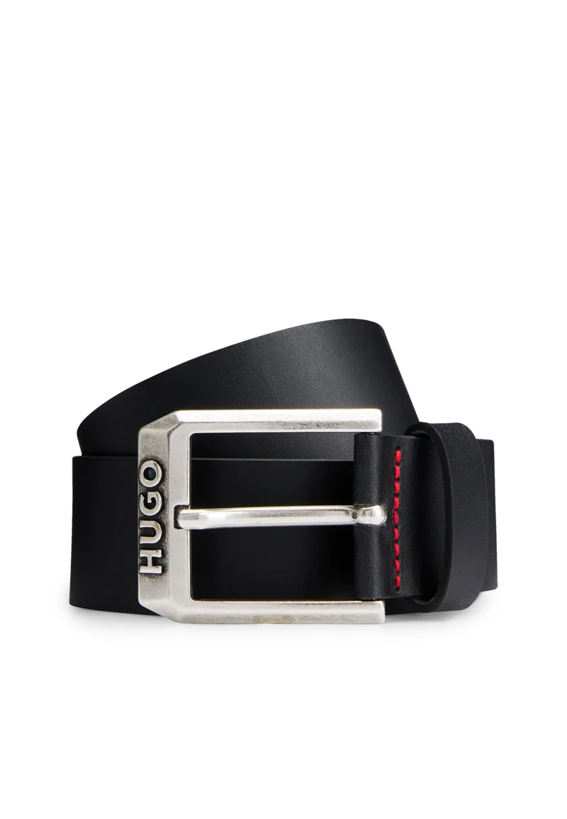 Leather belt with logo buckle