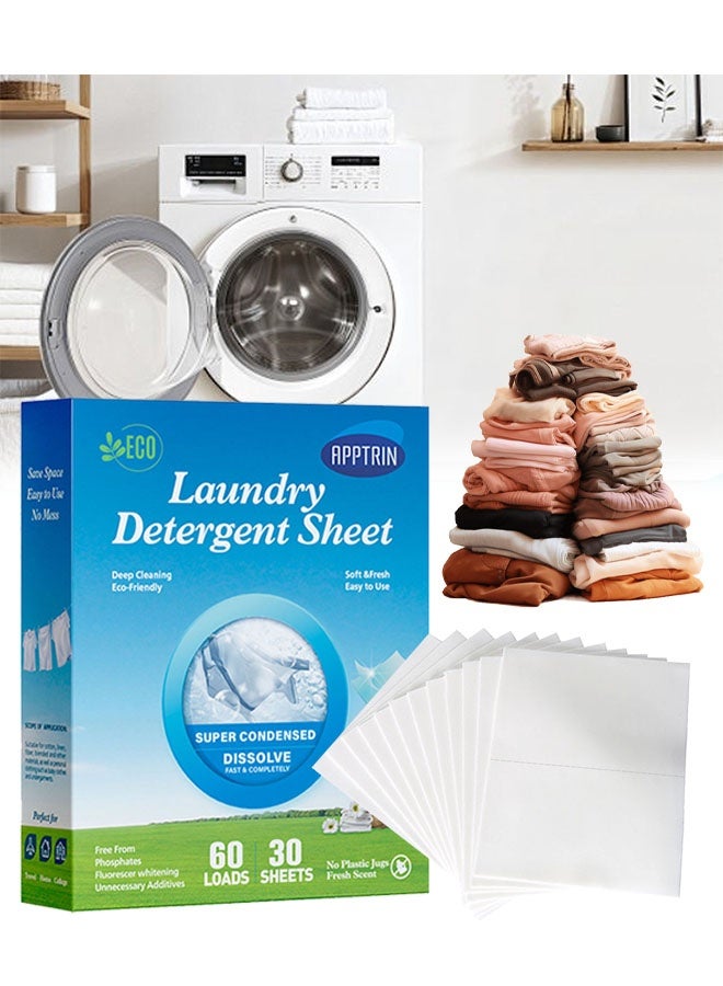 APPTRIN Laundry Detergent Sheets,Fresh Scent Travel Laundry Sheets Washing Sheets for Home Dorm Travel 30 Sheets / 60 Loads - Image 1
