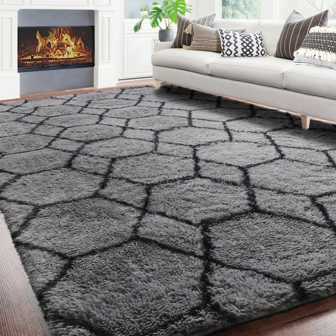 6X9 AREA RUGS FOR LIVING ROOM BEDROOM LARGE FLUFFY GREY AND BLACK THROW RUG GEOMETRIC SOFT PLUSH SHAGGY FUZZY FLOOR CARPET FOR NURSERY KIDS GIRLS BOYS TEEN DORM HOME OFFICE DECOR AESTHETIC