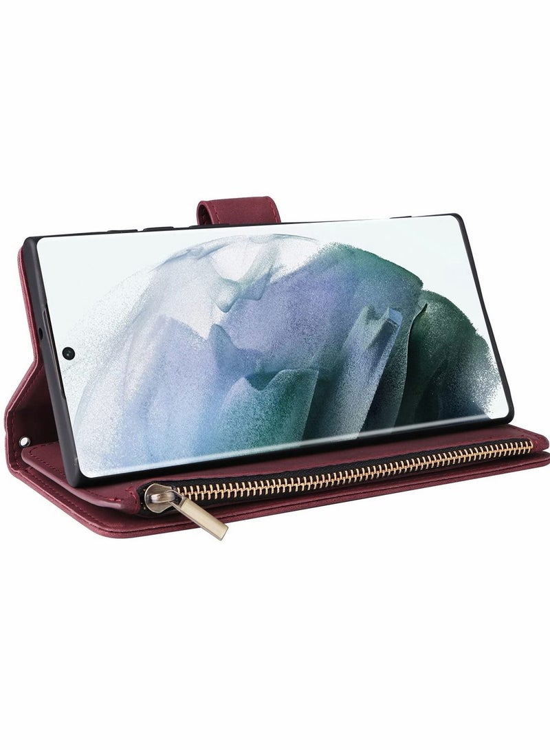 Y&D Phone Case Wallet with Card Slots for Samsung Galaxy S22 Ultra, Soft PU Leather Zipper Wrist Strap Flip Protective Cover, 2 in 1 (Wine Red- 6.8")  - Image 4