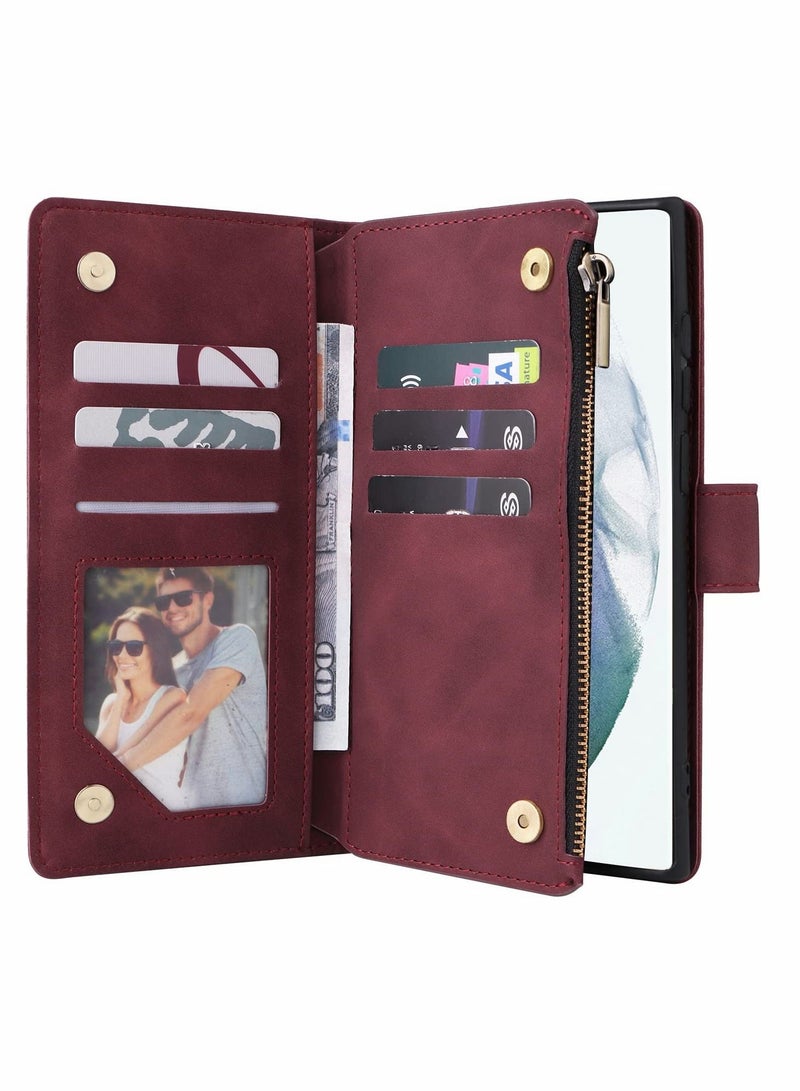 Y&D Phone Case Wallet with Card Slots for Samsung Galaxy S22 Ultra, Soft PU Leather Zipper Wrist Strap Flip Protective Cover, 2 in 1 (Wine Red- 6.8")  - Image 2