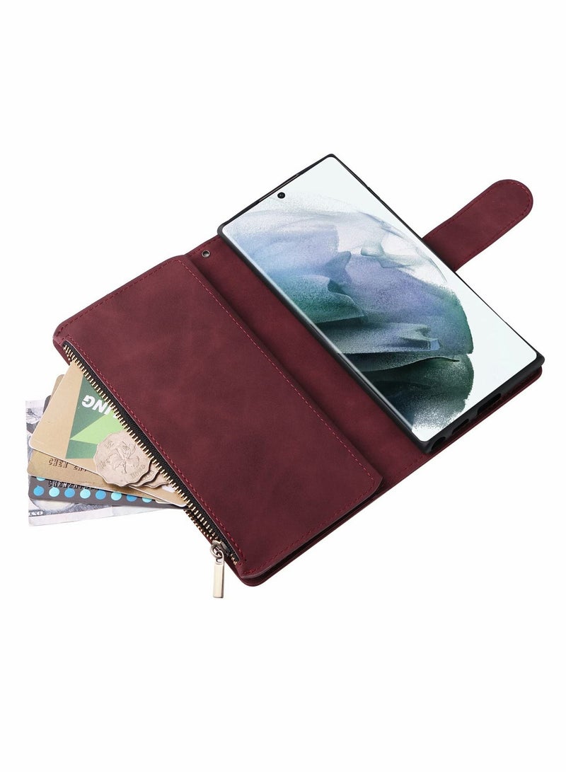 Y&D Phone Case Wallet with Card Slots for Samsung Galaxy S22 Ultra, Soft PU Leather Zipper Wrist Strap Flip Protective Cover, 2 in 1 (Wine Red- 6.8")  - Image 3