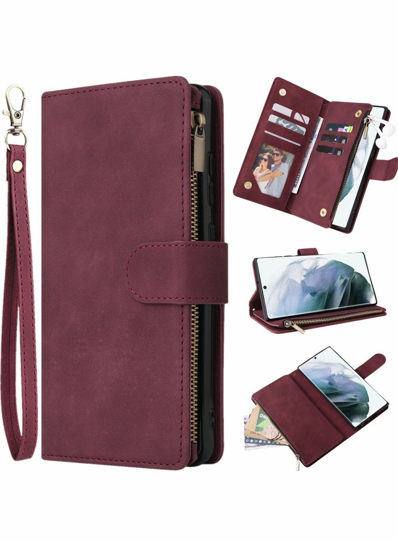Y&D Phone Case Wallet with Card Slots for Samsung Galaxy S22 Ultra, Soft PU Leather Zipper Wrist Strap Flip Protective Cover, 2 in 1 (Wine Red- 6.8")  - Image 1