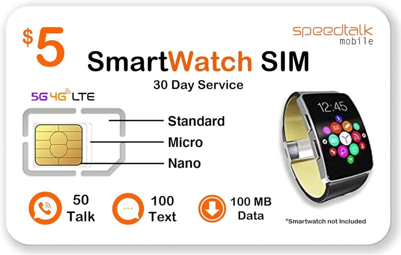 SpeedTalk Mobile طقم بطاقة SIM للساعة الذكية مسبقة الدفع بقيمة 5 دولارات لدعم 5G و 4G LTE، الأجهزة القابلة للارتداء | بطاقة SIM ثلاثية القطع 3 في 1 - قياسية وميكرو ونانومتر | بدون عقد | تغطية في الولايات المتحدة لمدة 30 يومًا - Image 1