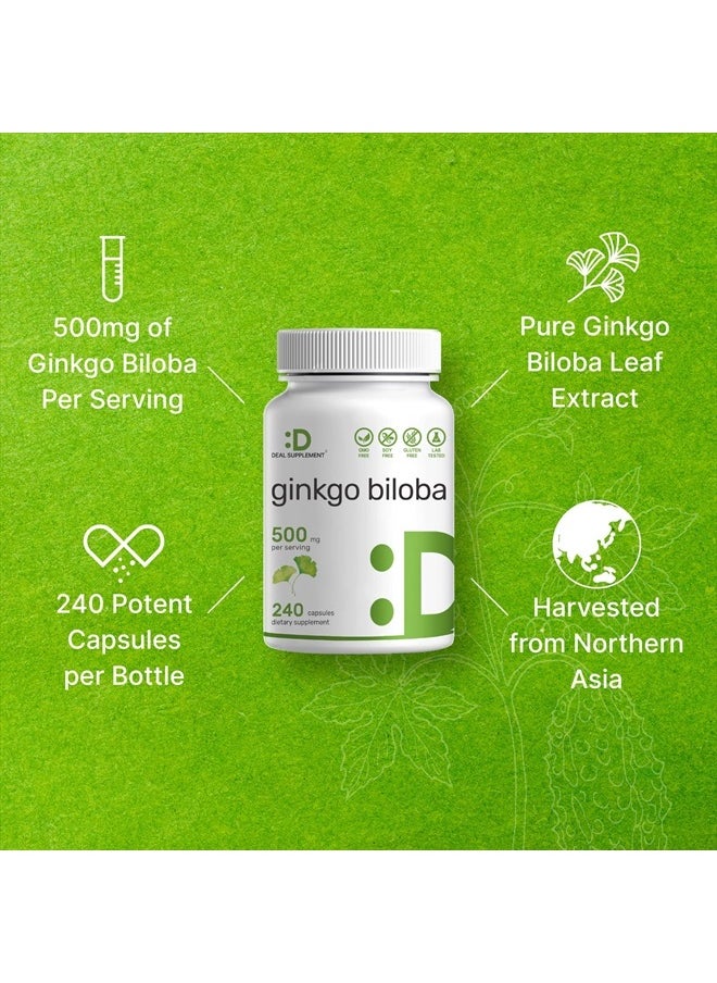 DEAL SUPPLEMENT - Ginkgo Biloba 500mg Per Serving, 240* Capsules, 4 Month Supply – Grown in Northern Asia – Extra Strength, Promotes Brain Function - Image 1