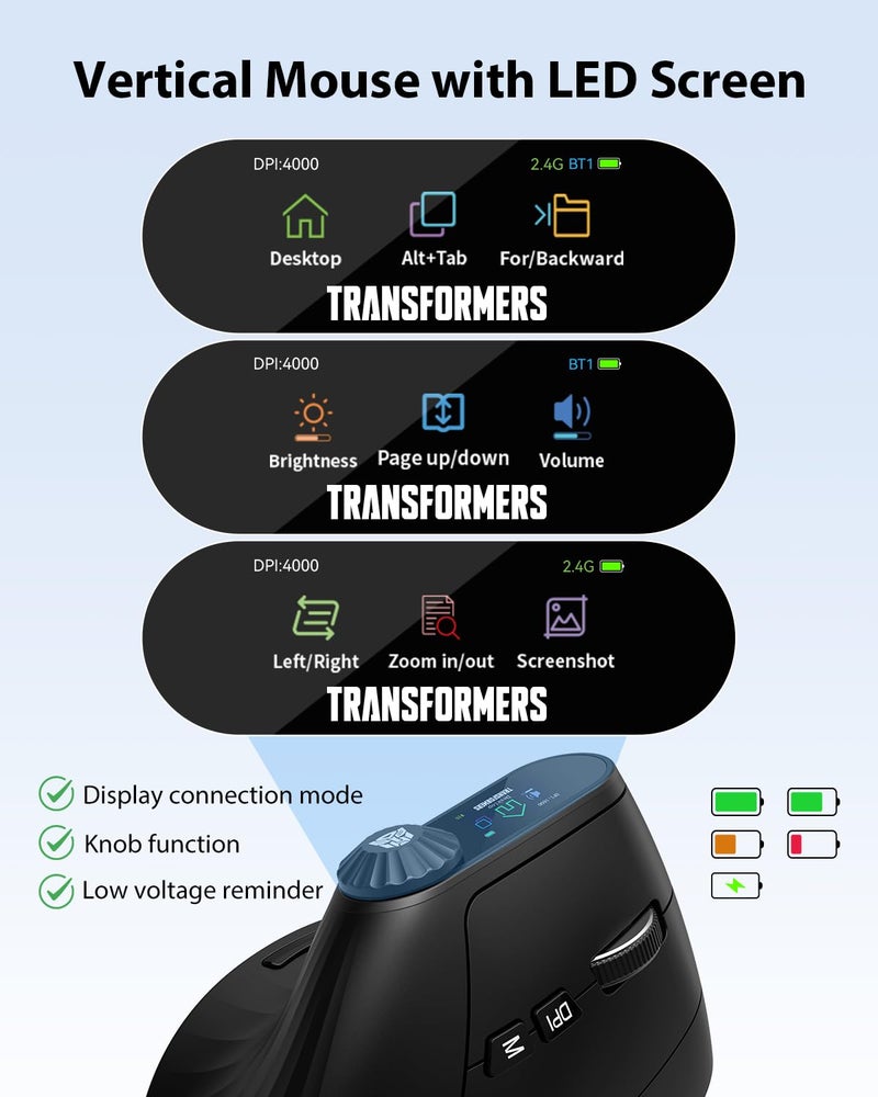 TRANSFORMERS فأرة عمودية مريحة من ترانسفورمرز مع شاشة LED وتحكم بعجلة، فأرة عمودية قابلة لإعادة الشحن لاسلكية، اتصال بثلاثة أجهزة (2.4G + بلوتوث مزدوج)، نقرات هادئة، فأرات كمبيوتر لجهاز الكمبيوتر/ماك/لابتوب - Image 3