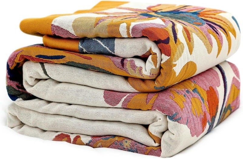 LUTBM Boho Throw Blanket for Bed - 100% Cotton Ultra Soft Rustic Quilt - Floral Printed Farmhouse Decor Bed Blankets,98"×98" All Season Rustic Throw for Sofa Couch Chair - Image 1