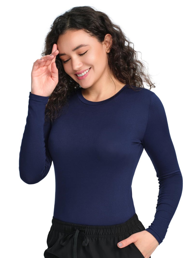 COZYFIT Scrub Undershirts Long Sleeve Women - Underscrub Comfort Tee with Soft Stretch Fabric, Navy Blue, L - Image 3