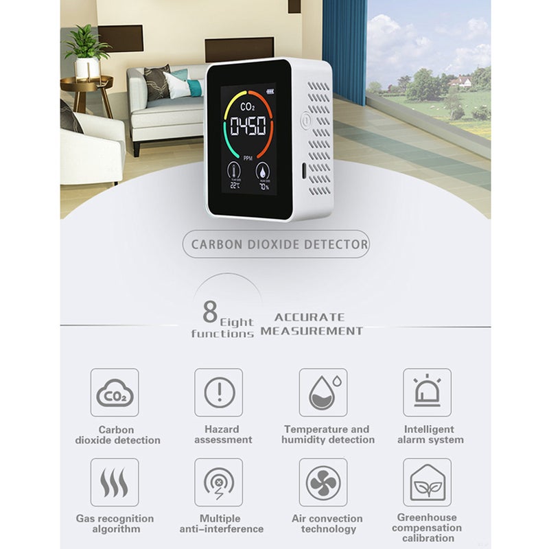 CO2 Meter with LCD Backlight TVOC Sensors Indoor Carbon Dioxide CO2 Concentration Detector Intelligent Air Quality Analyzer Tester with Temperature and Humidity Display - Image 5