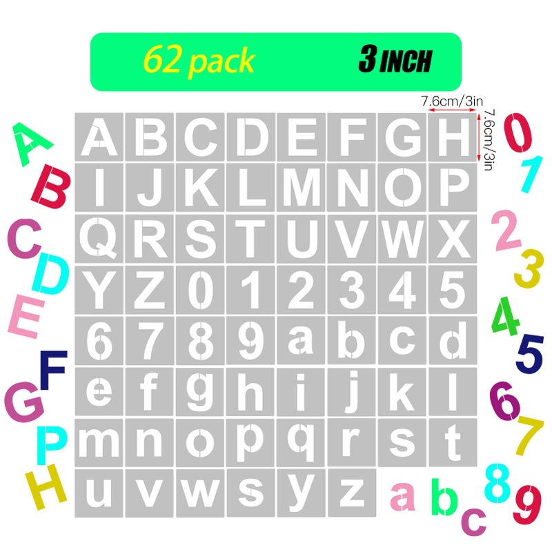 62pcs 3 Inch Letter and Number Stencils Reusable Washable Alphabet Stencils Environment-friendly PET Art Craft Templates for Painting On Wood Fabric Wall Door Decor Home Sign - Image 3