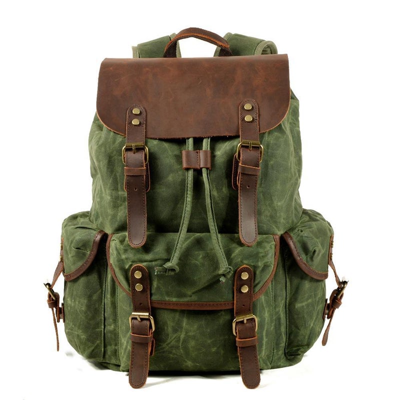 Casual Student Backpack Retro Backpack Drawstring Men'S Oil Wax Canvas Bag Trendy Cross-Body Travel Backpack - Image 1