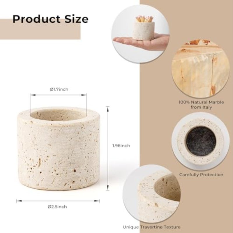 100% Travertine Stone Match Holder with Fireplace Lighter Extra Fireplace Lighter Pad - 2.6" x 2" Decorative Match Storage Box for Fireplace, Candles, Home Decor, Matches Not Included AE051 - Image 3