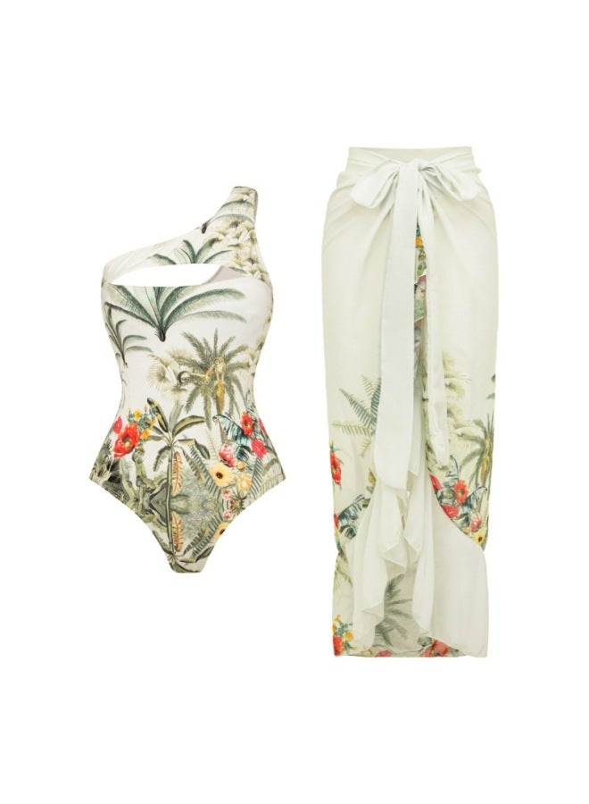 Off-shoulder Hollow-out Tropical Jungle Print One-piece Swimsuit Women's New Style Swimwear