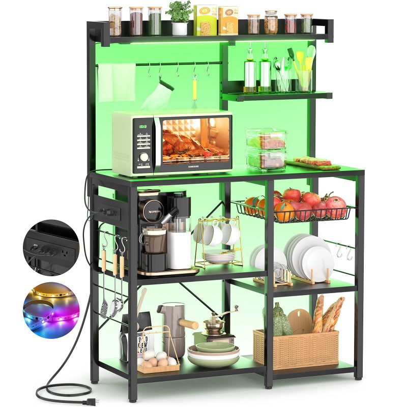 Aheaplus Aheaplus Bakers Rack with Power Outlet and LED Light Strings Microwave Oven Stand Kitchen Storage Shelf with Wire Basket Coffee Bar Station Island Table with 10 Hooks for Spices Pots Pans Black 