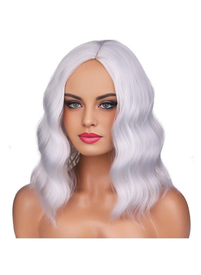 بيرون باروكة شعر مستعار فضي قصير مجعد من بيرون، باروكة شعر مستعار فضي أبيض للنساء والفتيات، باروكة شعر مموجة على الشاطئ لحفلات التنكر، مع غطاء شعر مستعار - Image 2