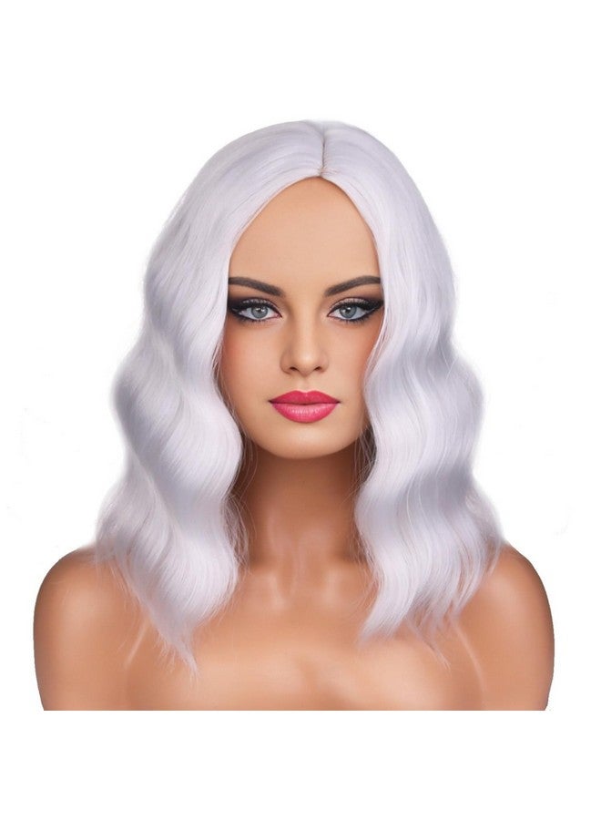 بيرون باروكة شعر مستعار فضي قصير مجعد من بيرون، باروكة شعر مستعار فضي أبيض للنساء والفتيات، باروكة شعر مموجة على الشاطئ لحفلات التنكر، مع غطاء شعر مستعار - Image 1