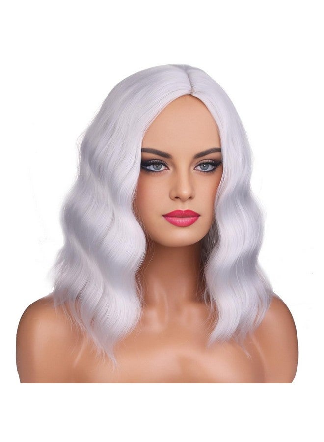 بيرون باروكة شعر مستعار فضي قصير مجعد من بيرون، باروكة شعر مستعار فضي أبيض للنساء والفتيات، باروكة شعر مموجة على الشاطئ لحفلات التنكر، مع غطاء شعر مستعار - Image 3