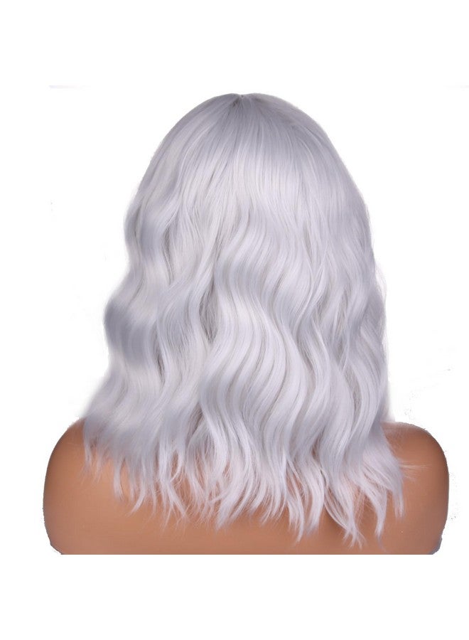 بيرون باروكة شعر مستعار فضي قصير مجعد من بيرون، باروكة شعر مستعار فضي أبيض للنساء والفتيات، باروكة شعر مموجة على الشاطئ لحفلات التنكر، مع غطاء شعر مستعار - Image 4
