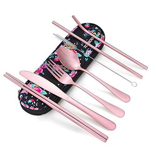 Travel Utensils Reusable Silverware Set To Go Portable Cutlery Set With A Waterproof Carrying Case For Lunch Boxes Workplace Camping Picnic (Lightpink)