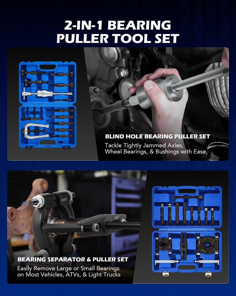 Orion Motor Tech مجموعة أدوات سحب المحامل وإزالة المسكن من أوريون موتور تك، 30 قطعة. مجموعة أدوات سحب المحامل 2 في 1 لمحامل العجلات، البوشات، المحاور، أدوات سحب المحامل في الثقوب العمياء ومجموعة فاصل المحامل مع أقلام المطرقة المنزلقة. - Image 2