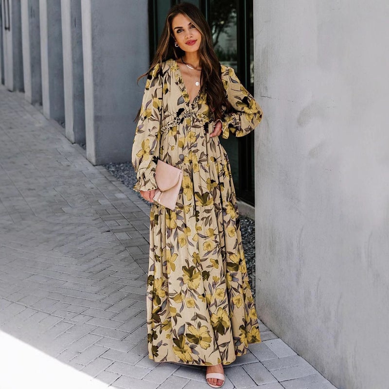 2025 cross-border new long sleeve European and American womens fashion printing fairy style long temperament evening dress dress Rose color - Image 2