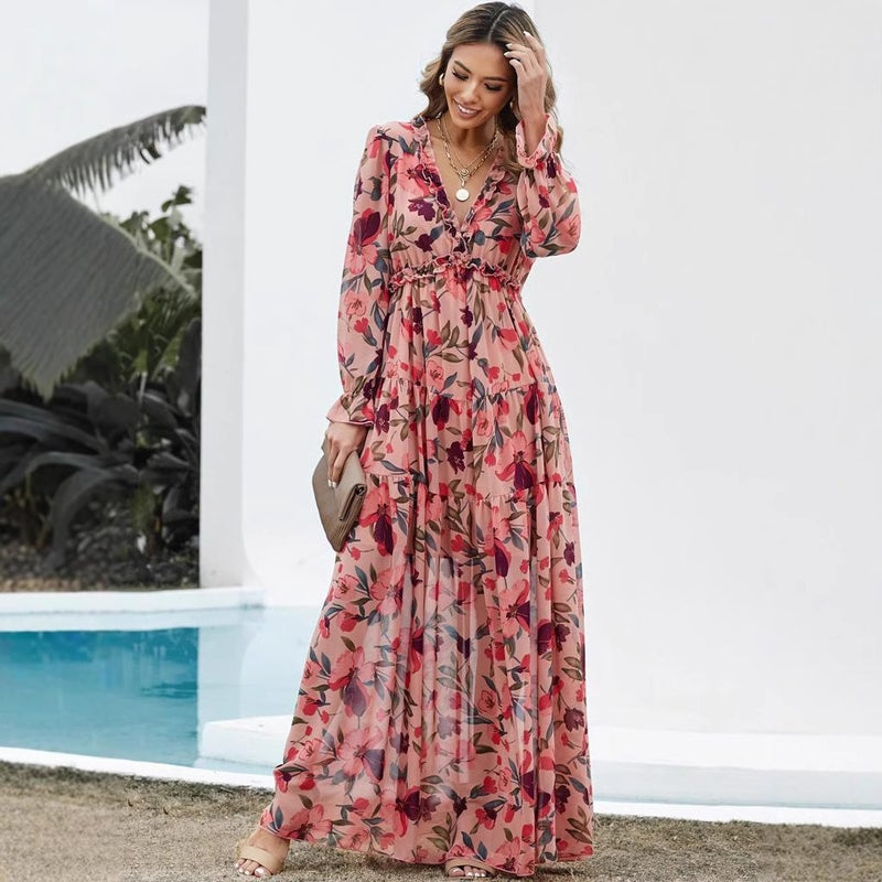 2025 cross-border new long sleeve European and American womens fashion printing fairy style long temperament evening dress dress Rose color - Image 1
