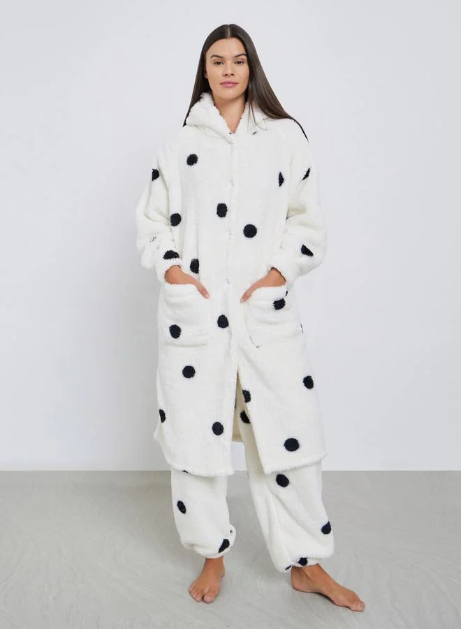 Styli Styli Fleece Spot Ear Hood Pocket Robe and Pyjama Set