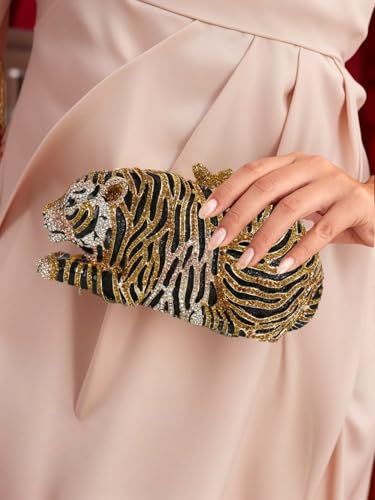 Tngan Women Cute Tiger Shaped Evening Clutch Sparkling Rhinestones Handbag Prom Party Purse, Gold - Image 3
