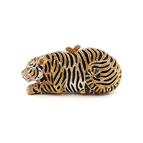Tngan Women Cute Tiger Shaped Evening Clutch Sparkling Rhinestones Handbag Prom Party Purse, Gold - Image 1