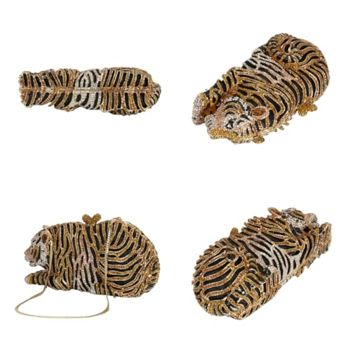 Tngan Women Cute Tiger Shaped Evening Clutch Sparkling Rhinestones Handbag Prom Party Purse, Gold - Image 5