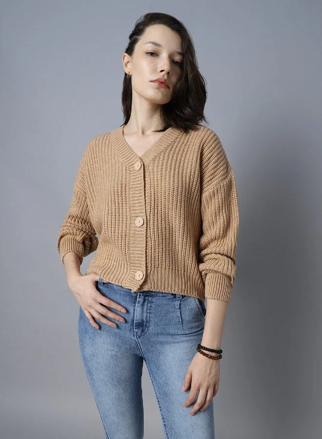 HIGH STAR Women's Beige 100% Acrylic Regular Fit Sweater