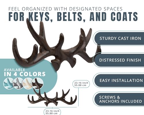Comfify Vintage Cast Iron Deer Antlers Wall Mounted Hooks | Antique Finish Metal Clothes Hanger Rack w/Hooks for Coats, Jackets, Purses and More | Includes Screws and Anchors | Rust Brown - Image 2