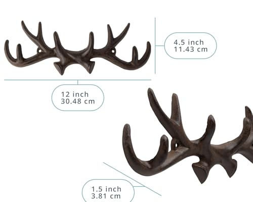 Comfify Vintage Cast Iron Deer Antlers Wall Mounted Hooks | Antique Finish Metal Clothes Hanger Rack w/Hooks for Coats, Jackets, Purses and More | Includes Screws and Anchors | Rust Brown - Image 3