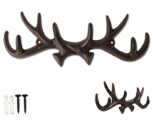 Comfify Vintage Cast Iron Deer Antlers Wall Mounted Hooks | Antique Finish Metal Clothes Hanger Rack w/Hooks for Coats, Jackets, Purses and More | Includes Screws and Anchors | Rust Brown - Image 1