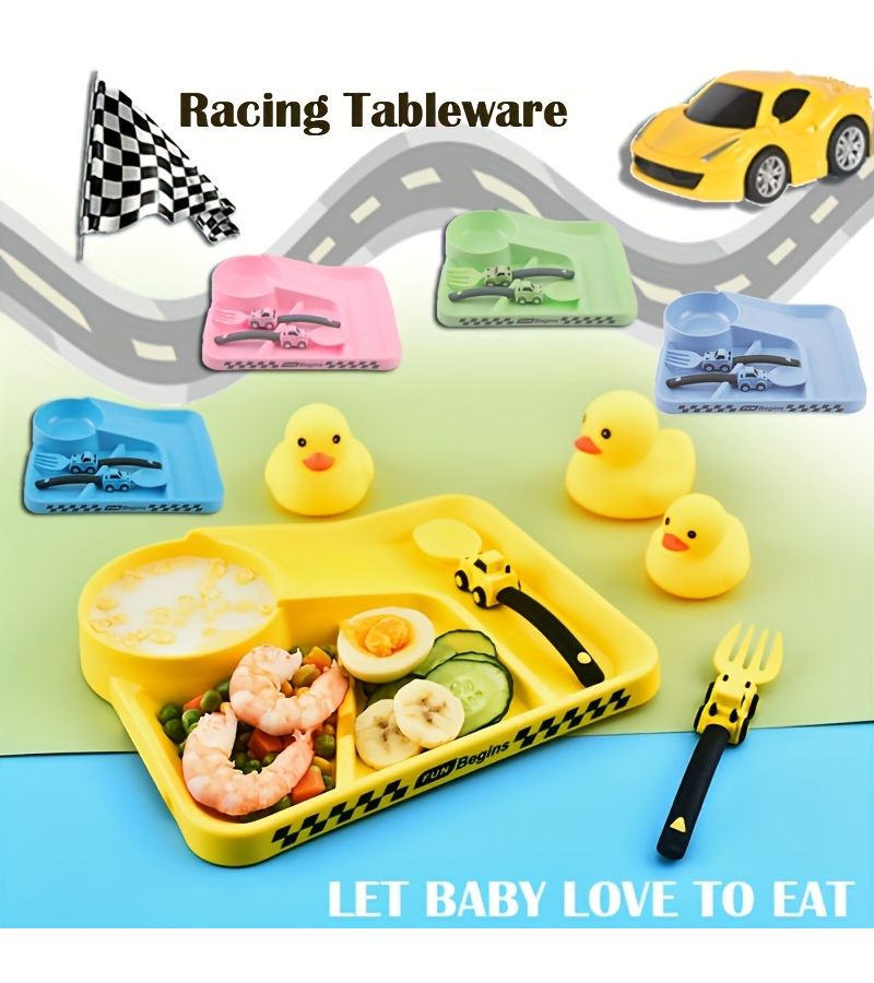 Light Blue Children Cartoon Racing Dinner Plate Fork Spoon Set Baby Self Feeding Cutlery Food Supplement Divided Bowl Non Slip Suction Cup - Image 1