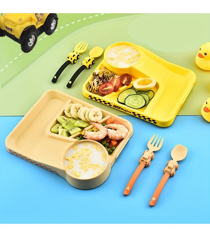 Light Blue Children Cartoon Racing Dinner Plate Fork Spoon Set Baby Self Feeding Cutlery Food Supplement Divided Bowl Non Slip Suction Cup - Image 3