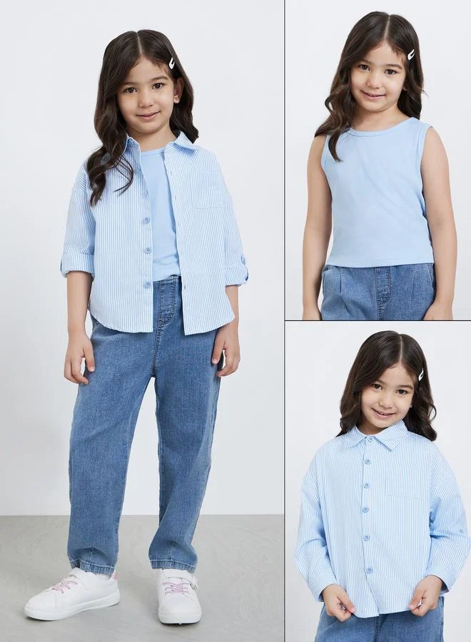 ستايلي Styli Pack of 2 - Girls Blue Striped Shirt and Rib Tank