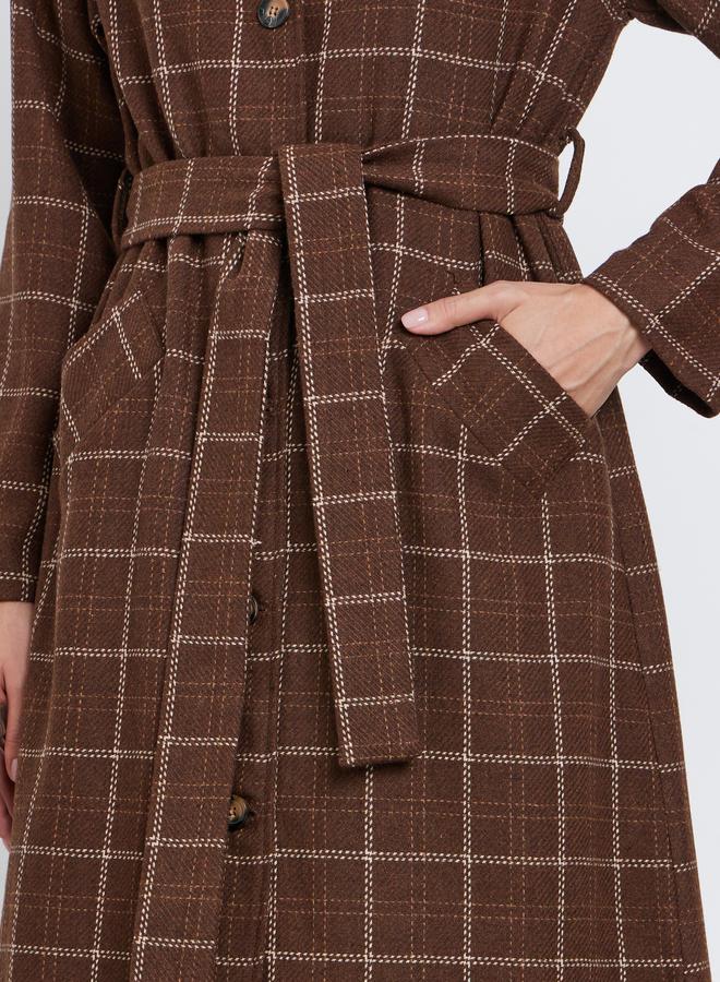 Styli Brown Checked Print Wool Look Coat - Image 3
