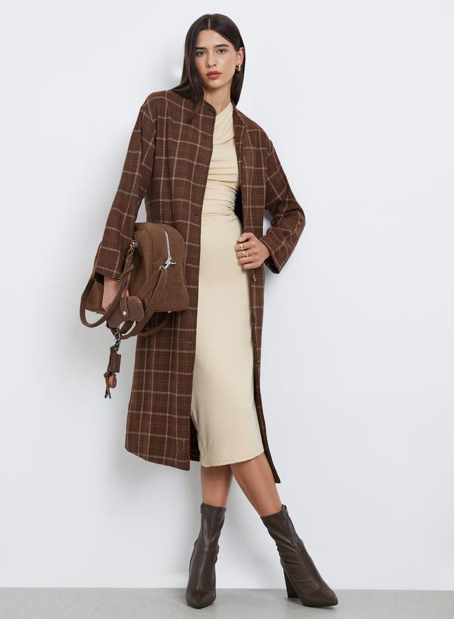 Styli Brown Checked Print Wool Look Coat - Image 1