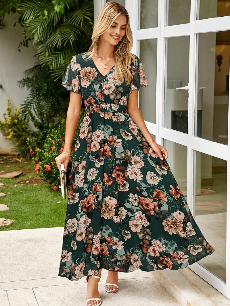 Simplee Apparel Simplee Womens Floral Maxi Dress - Short Sleeve Summer Boho Wedding Guest Dress Empire Waist Chiffon Modest Midi Dresses Green,M - Image 5